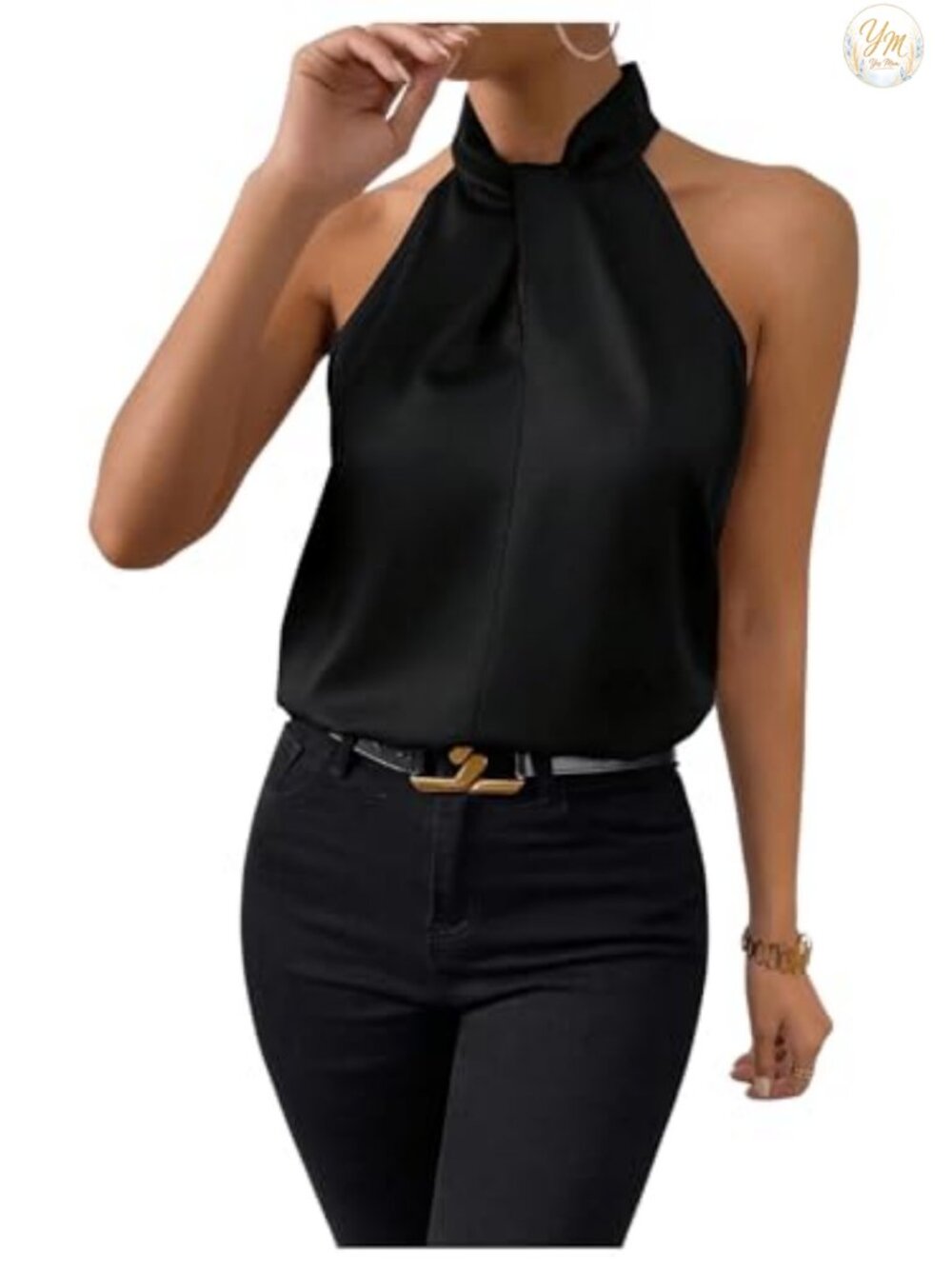 Sleeveless Satin Halter Twist Front Blouse Elegant Summer Top